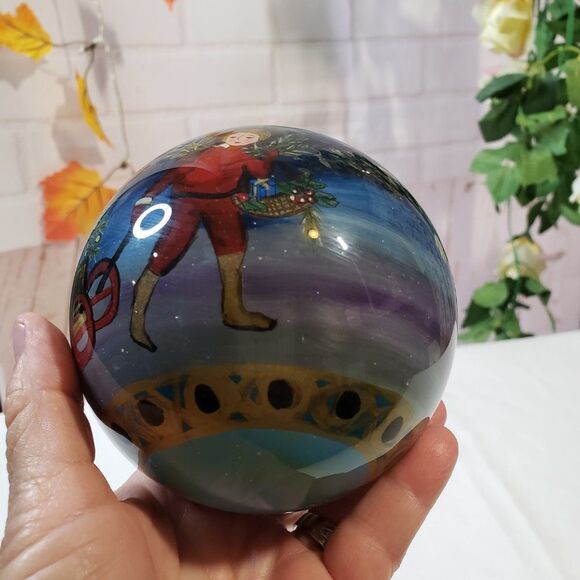 Inside Painted Glass Christmas Ornament Victorian Style Children on Sled Ball - Picture 3 of 9